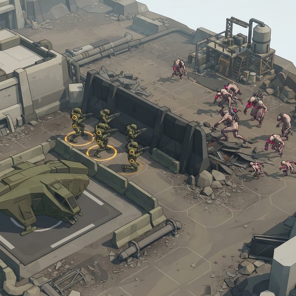 Image: Video game tactical battle scene viewed from a hig