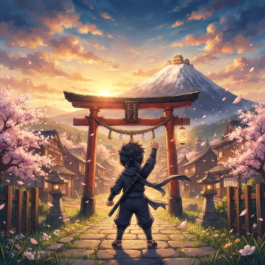Image: Epic anime key art for a game title screen: a youn