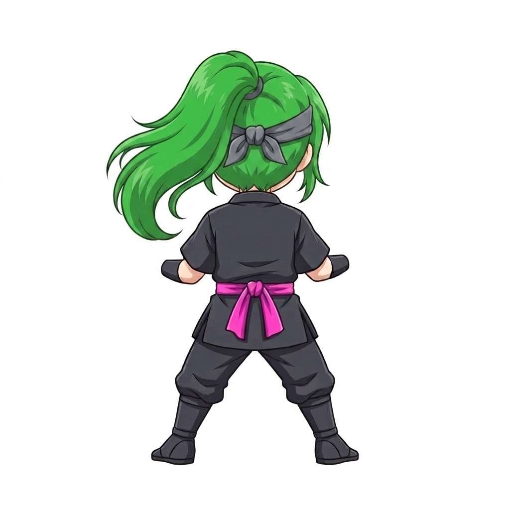 Image: Same chibi ninja girl character seen from behind,