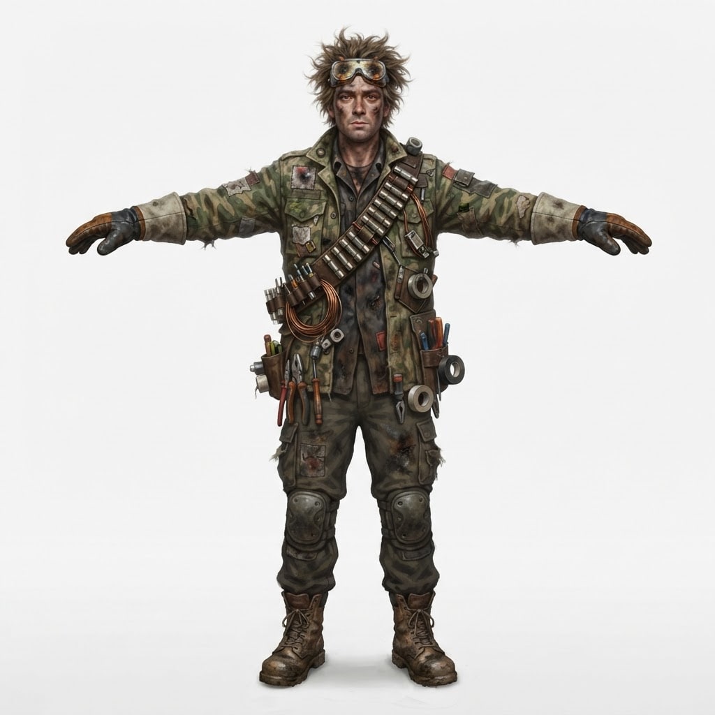 Image: a jittery electrician with wild singed hair and sc