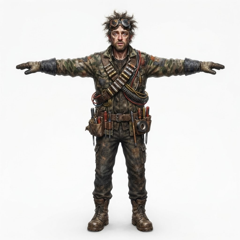 Image: a jittery electrician with wild singed hair and sc