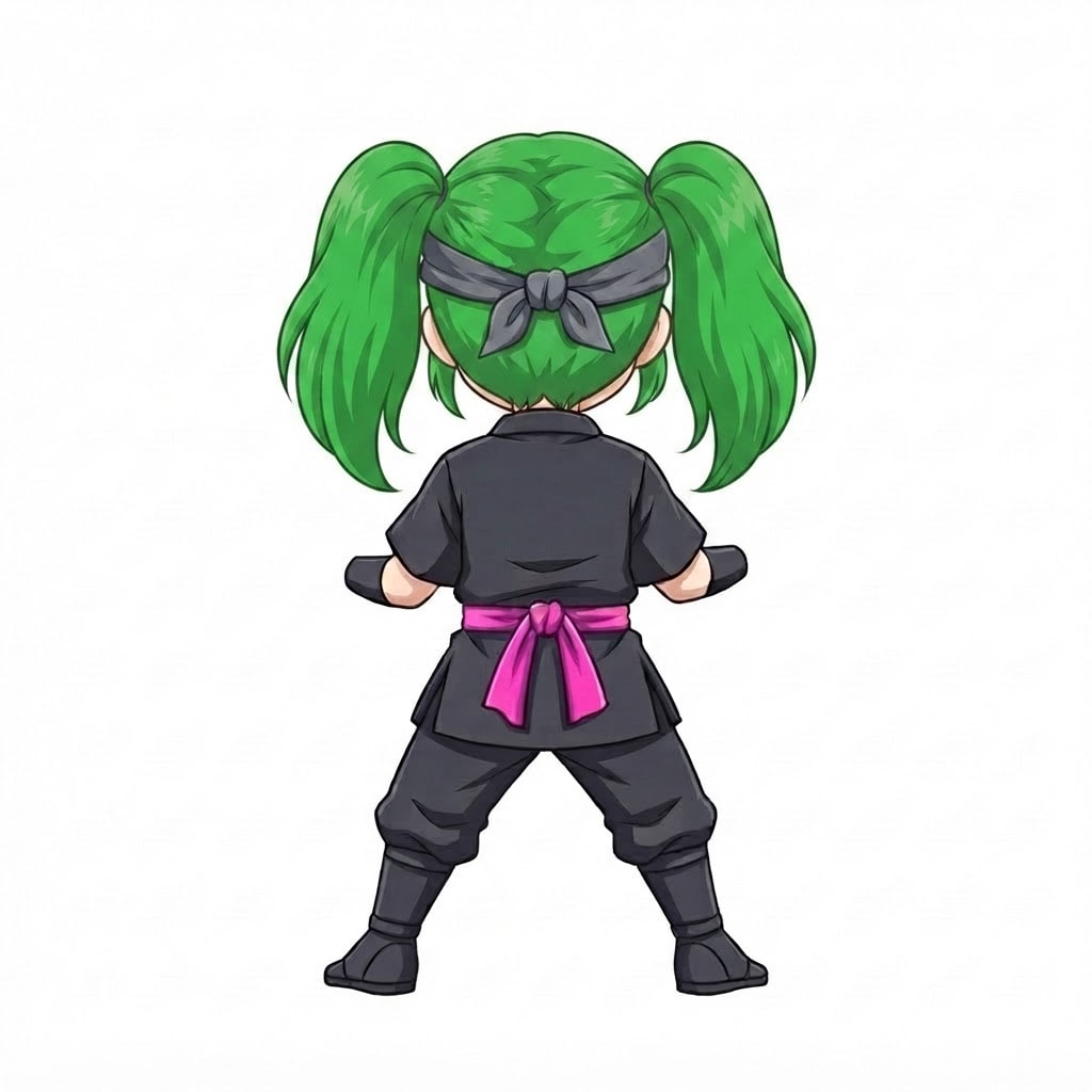 Image: Same chibi ninja girl character seen from behind,