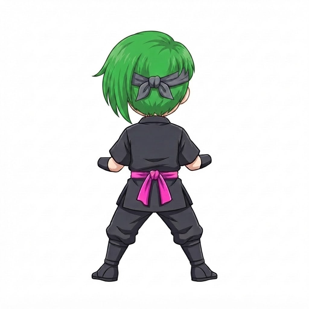 Image: Same chibi ninja girl character seen from behind,