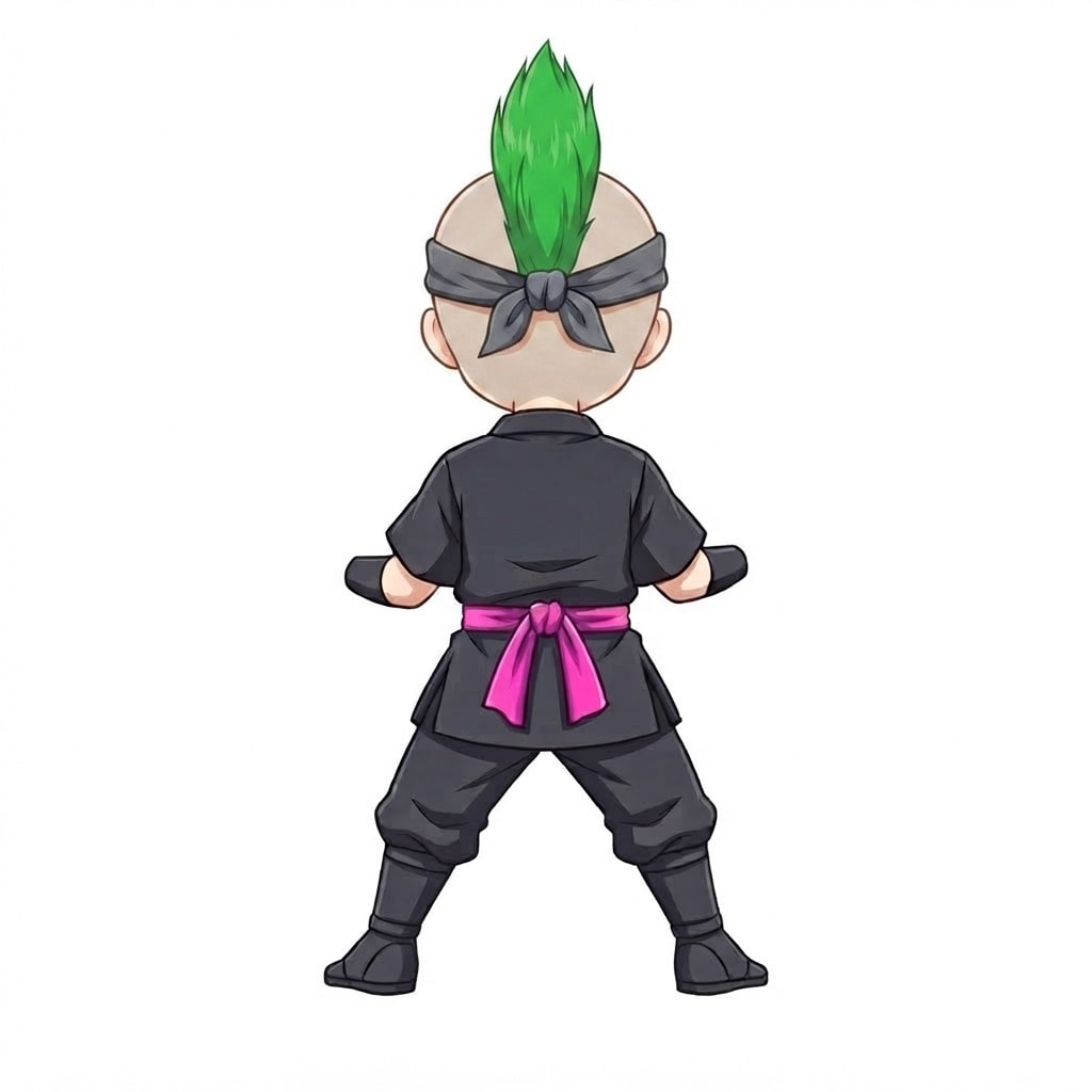 Image: Same chibi ninja girl character seen from behind,