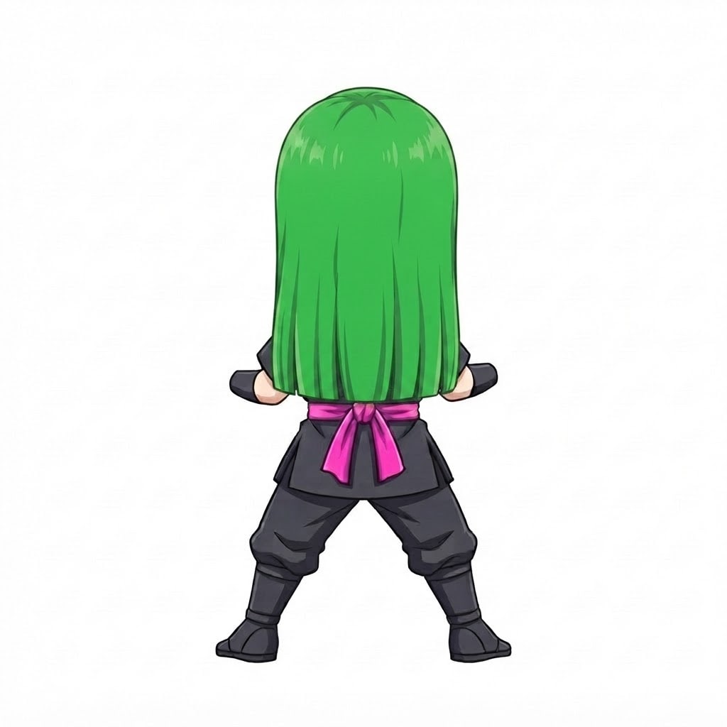 Image: Same chibi ninja girl character seen from behind,