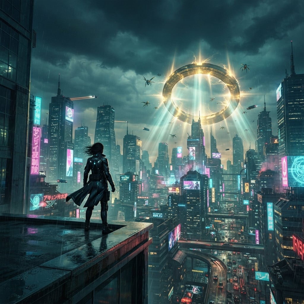 Image: Cinematic sci-fi key art set in the year 2060 for