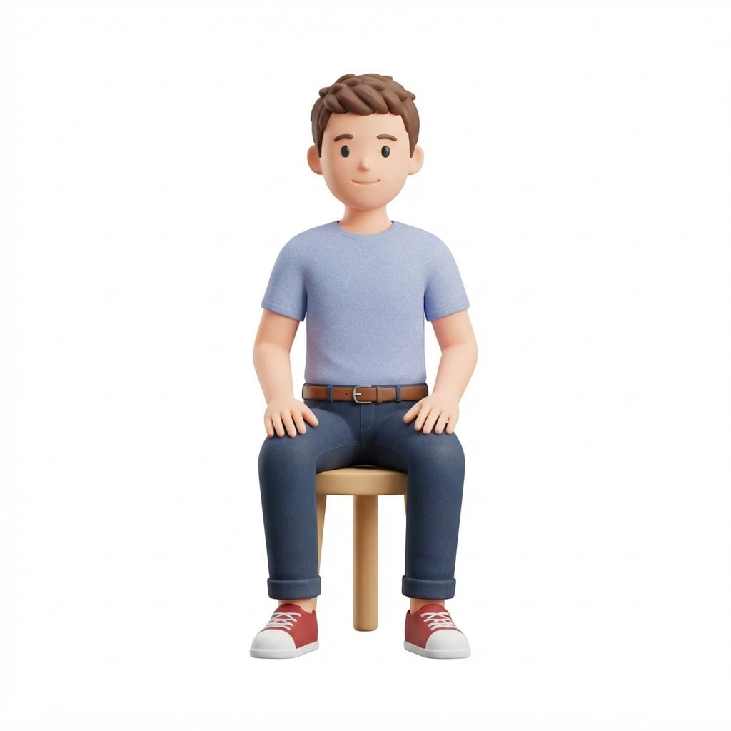 Image: A stylized 3D game character sitting on a simple s