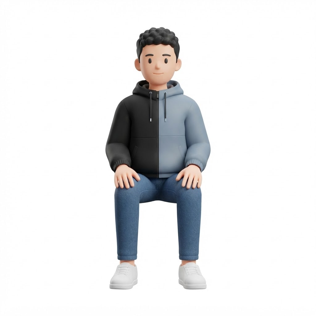 Image: A stylized 3D game character in a sitting pose as