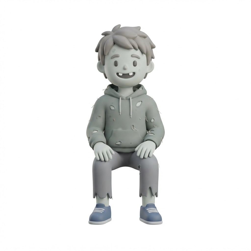 Image: A stylized 3D game character in a sitting pose as