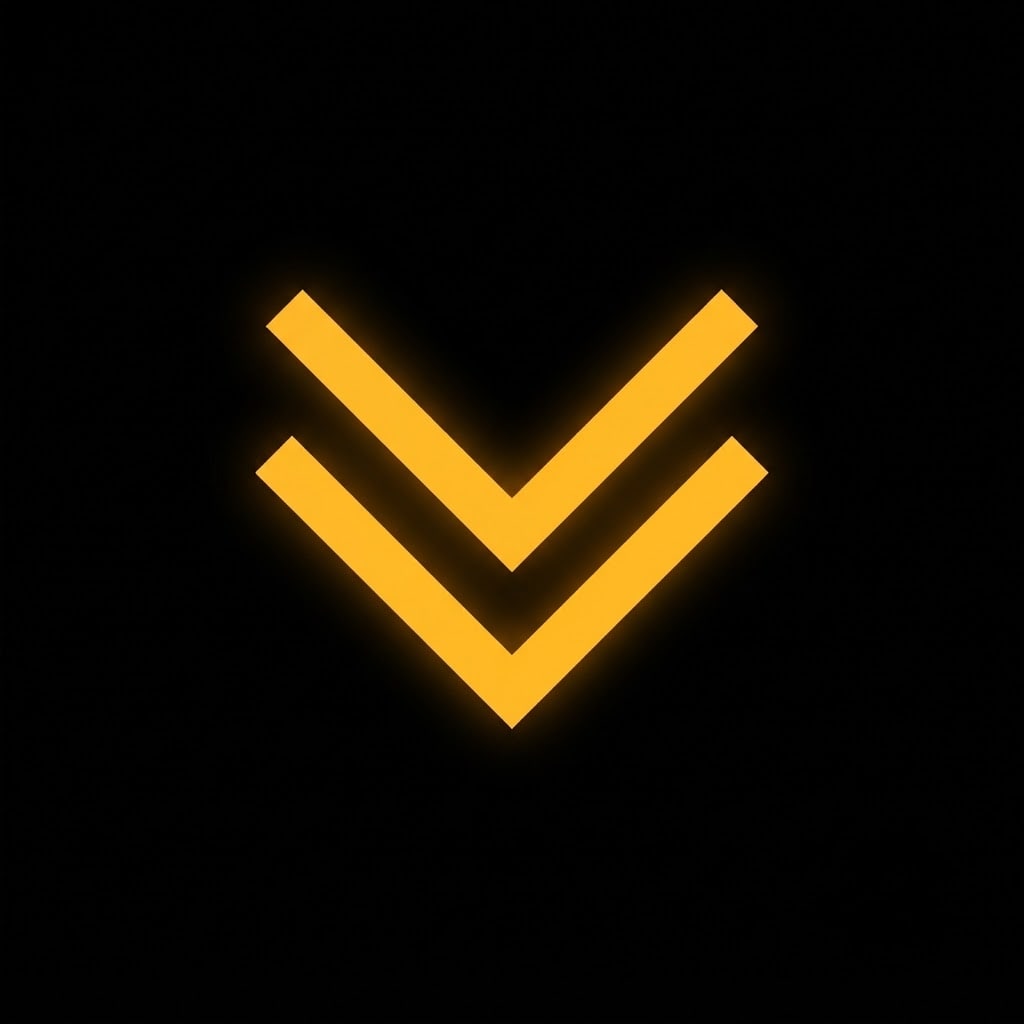 Image: A single simple bold glowing golden-amber downward