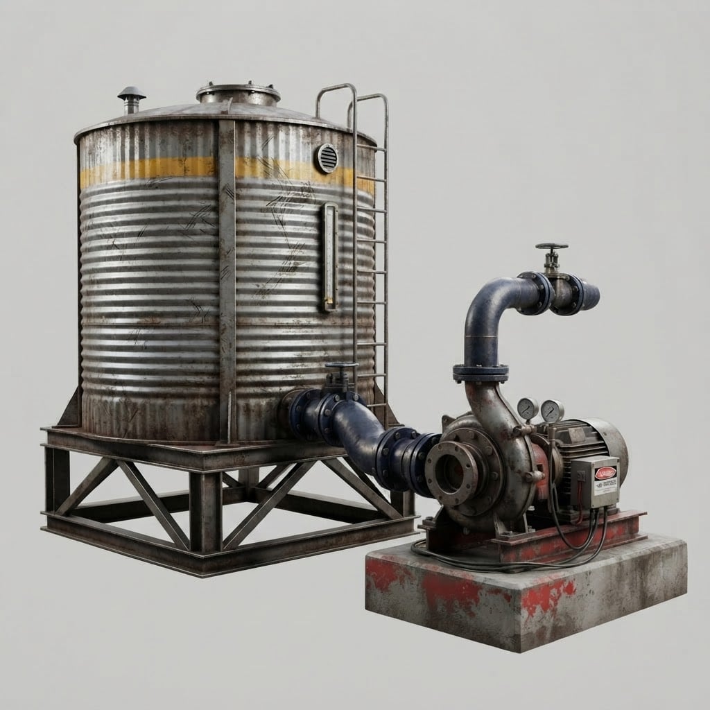 Create a water tank (reservoir) with a pipe leading to the pump. No background; make sure it's the same style as the mining truck