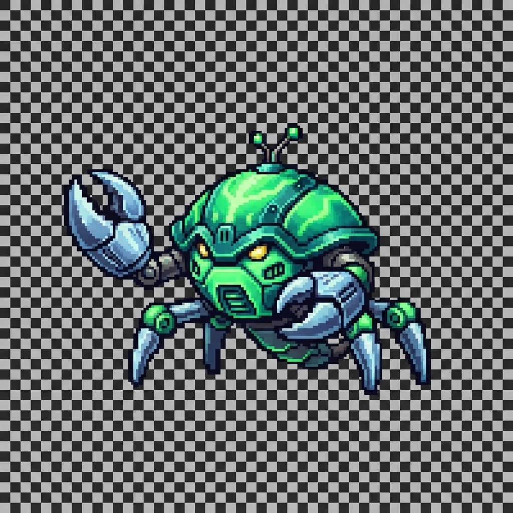 Image: pixel art creature sprite, 64x64, small biomechani