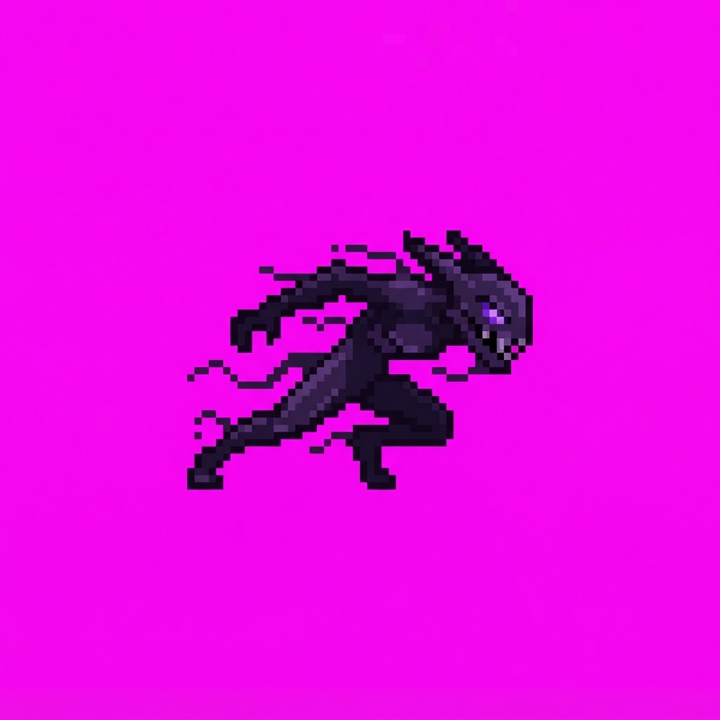 Image: pixel art creature sprite on a solid flat magenta 