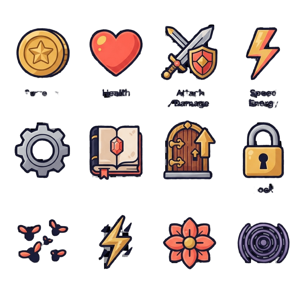Image: A clean grid sheet of 12 small flat vector game ic