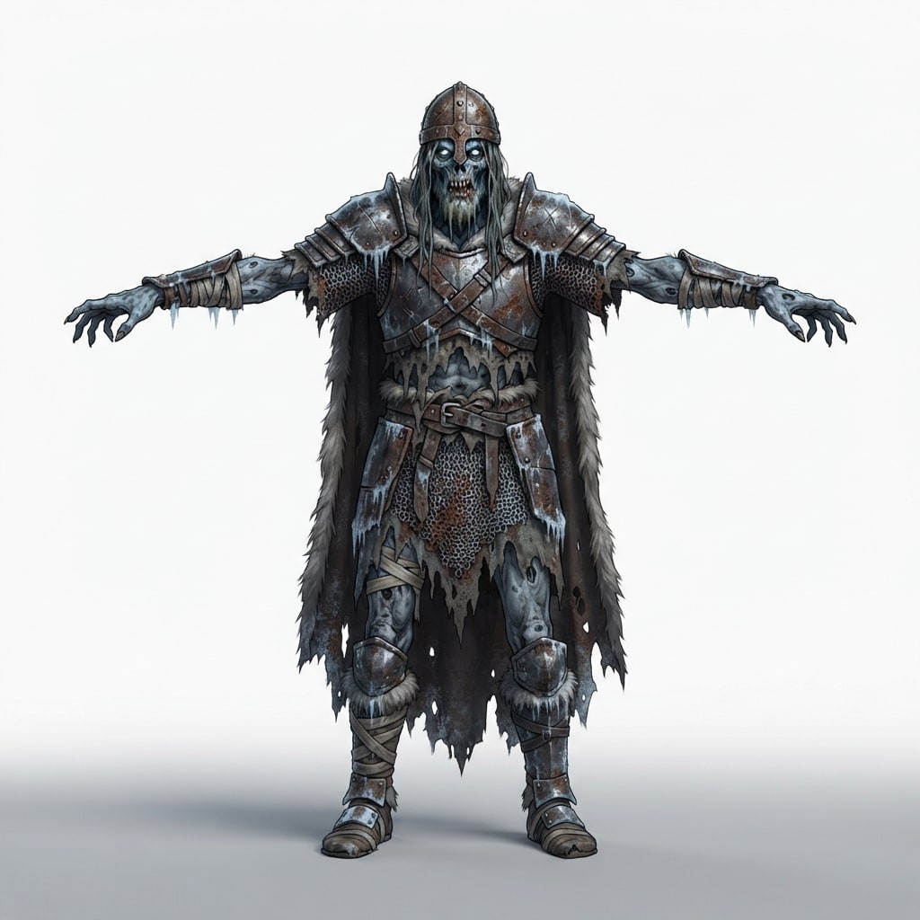 Image: An undead Norse draugr warrior, gaunt grey-blue ro