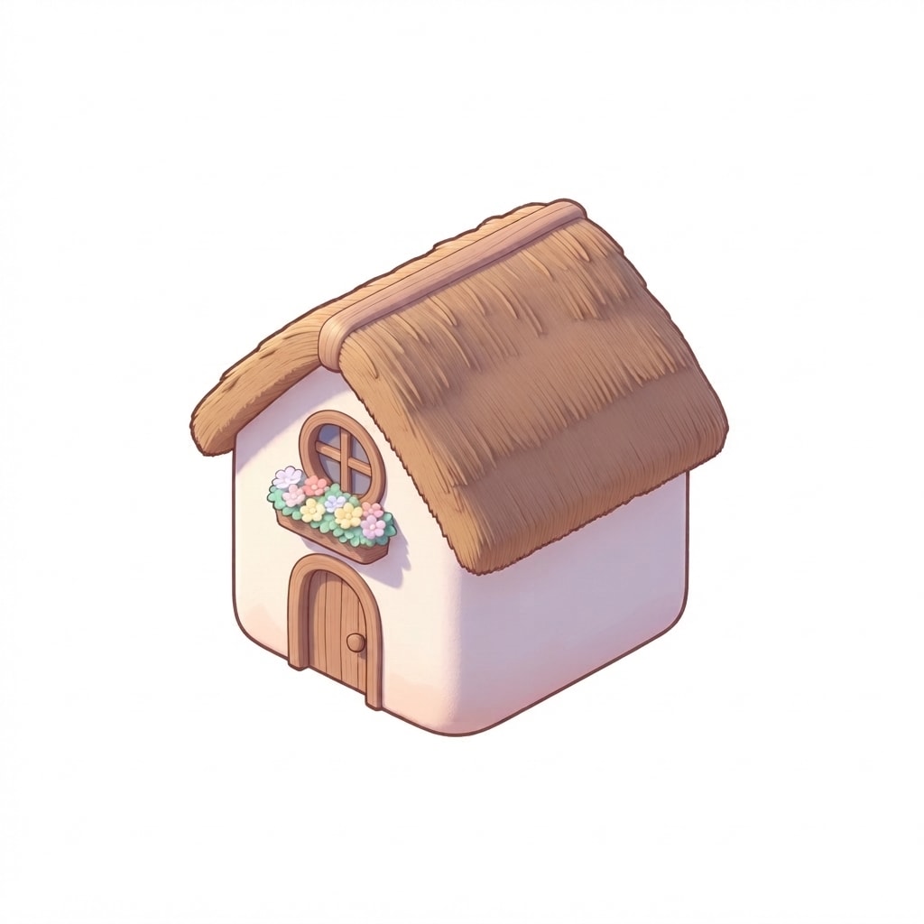 Cute isometric 2D cozy village cottage, warm pastel colors, soft cel-shaded outlines, chibi proportions, thatched roof with soft brown straw, white plaster wall