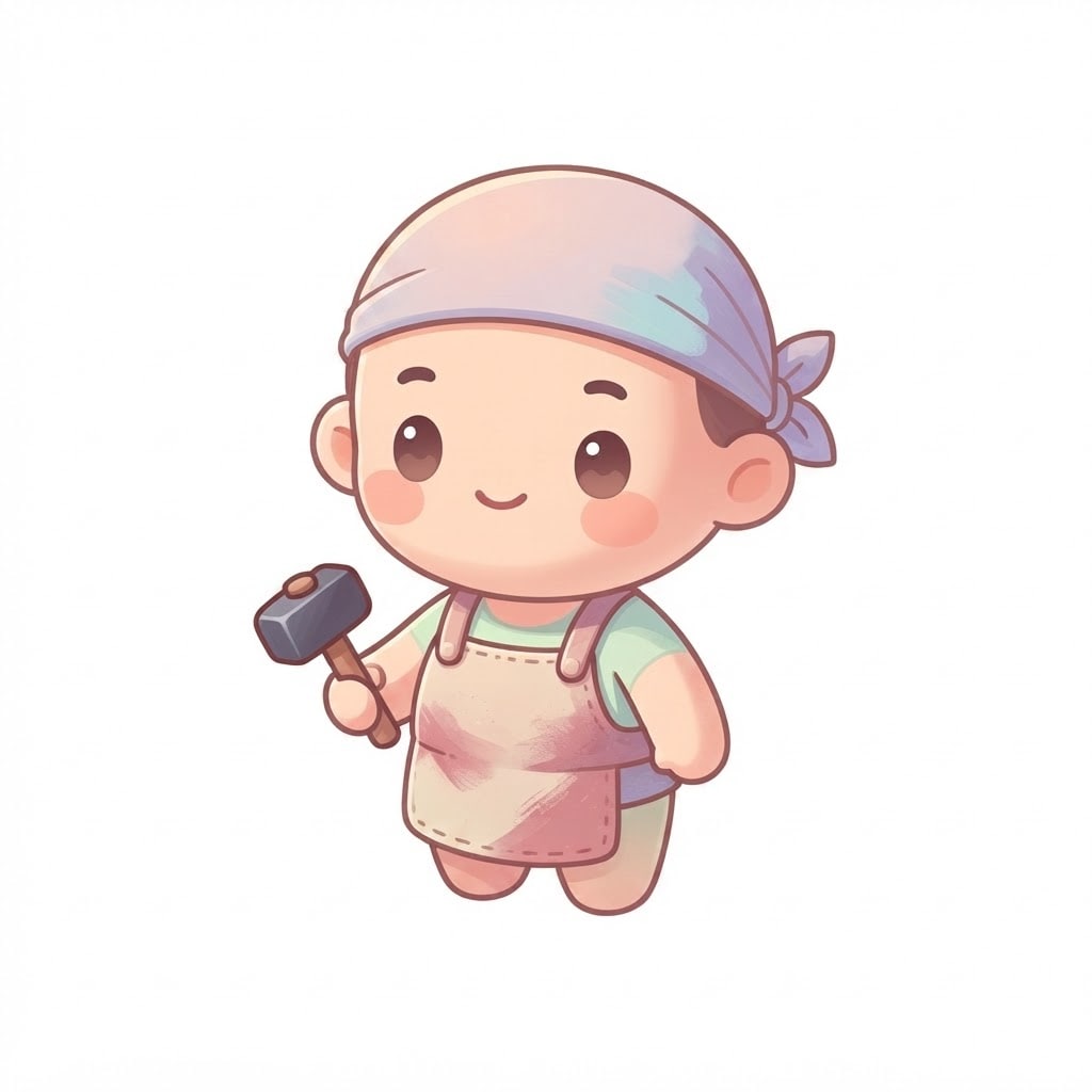 Cute isometric 2D chibi blacksmith NPC character, front-facing, soft pastel colored leather apron and bandana, holding a tiny hammer, large round head, friendly