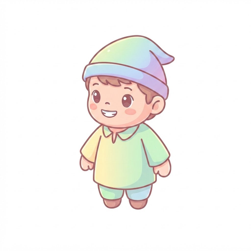 Cute isometric 2D chibi villager NPC character, warm pastel colors, soft cel-shaded outlines, chibi proportions, front-facing, wearing simple medieval peasant t