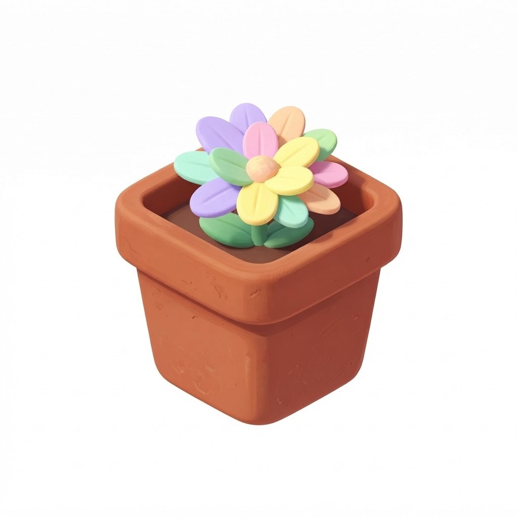 Cute isometric 2D terracotta flower pot with a small colorful pastel flower blooming inside, rounded edges, warm hand-painted look, transparent background, isol