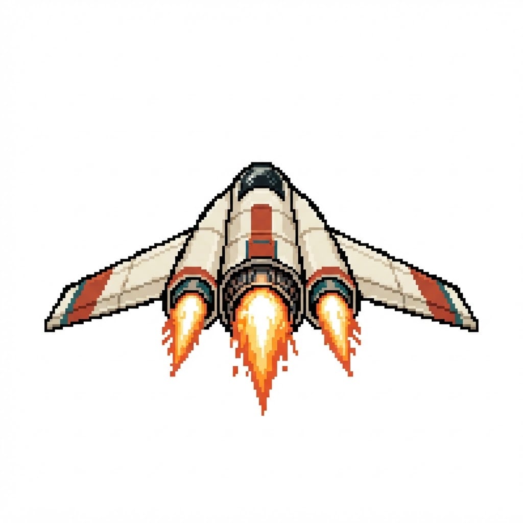 Image: The same pixel-art spaceship as before (cream/off-