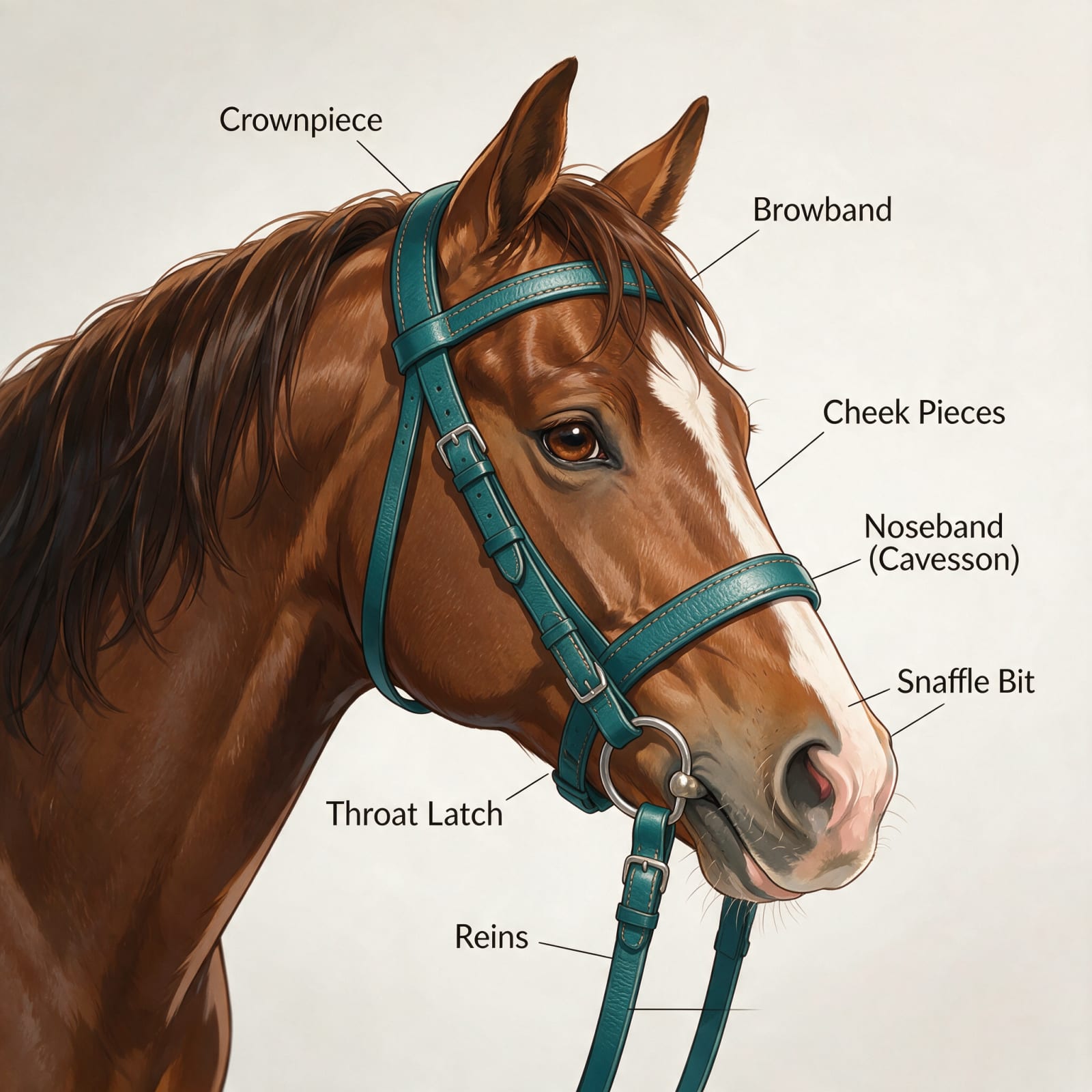 Horse Head Teal English Bridle - Corrected Anatomy