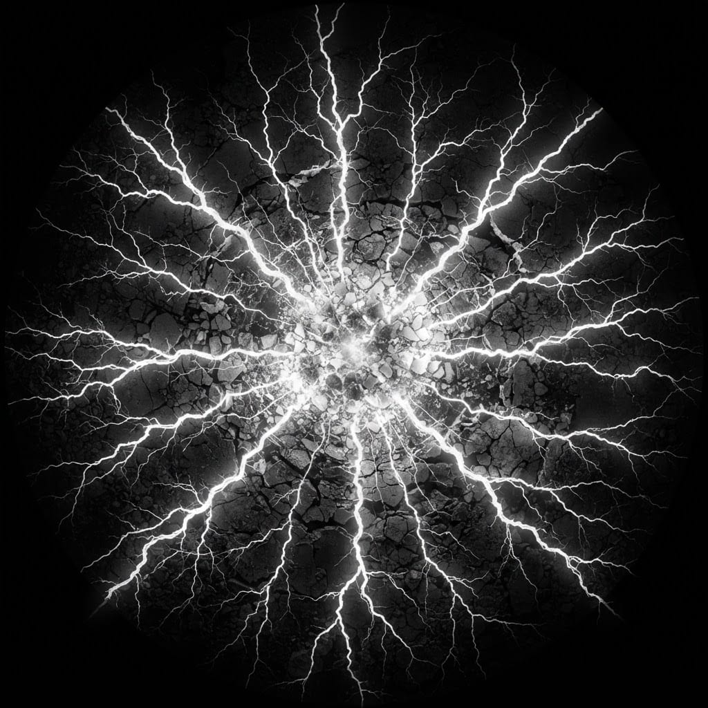 Image: top-down view of radial ground cracks radiating ou
