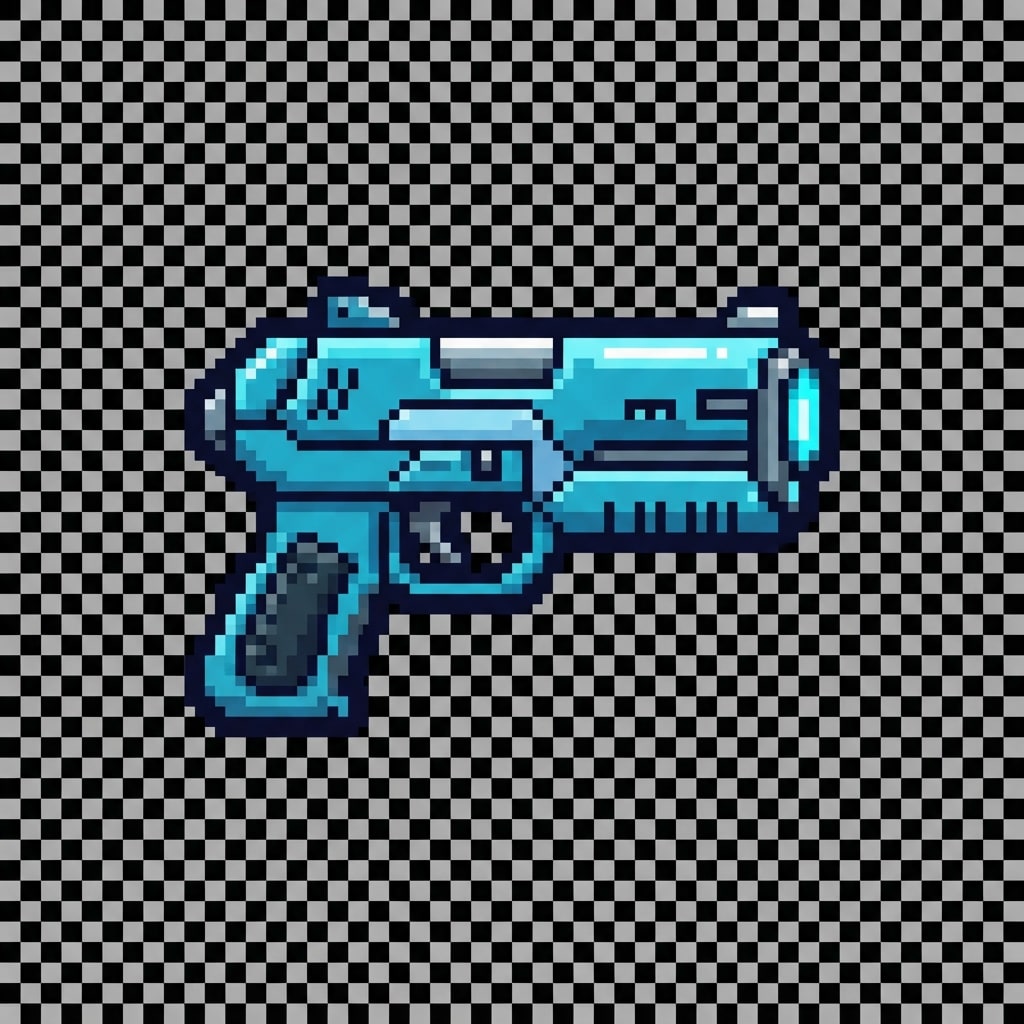 Image: Game sprite of a compact futuristic cyan-blue pixe