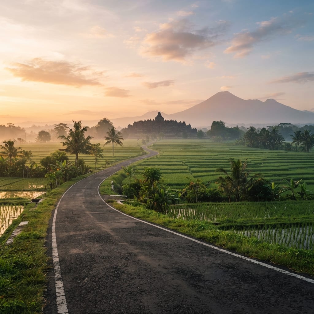 Image: Photorealistic wide landscape photo of Yogyakarta 