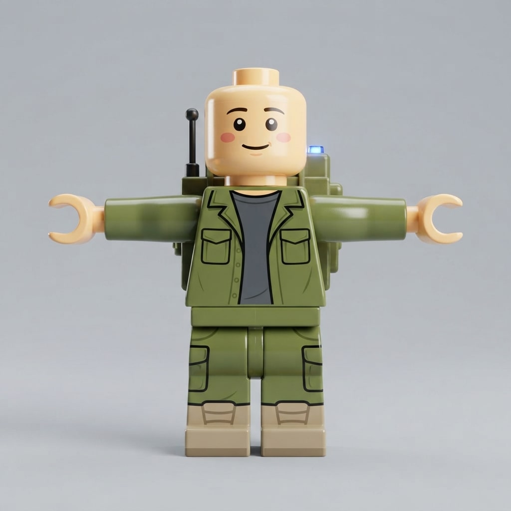 Image: A LEGO-minifigure-style blocky toy soldier charact