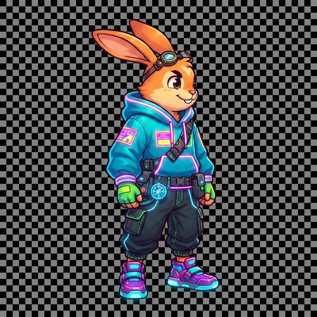 Image: Cute cartoon rabbit adventurer in a distinct NEON 
