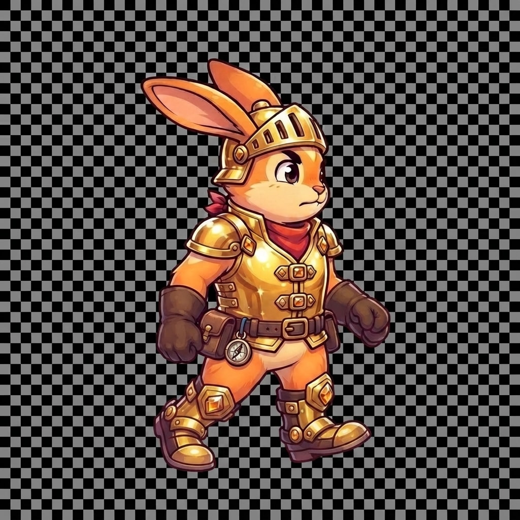 Image: Same gold-knight outfit rabbit as reference. Walk