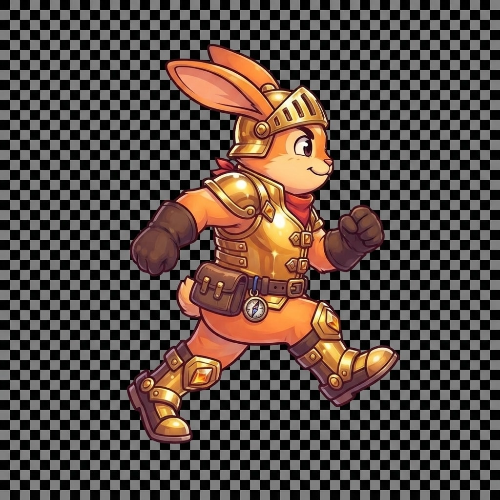Image: Same gold-knight outfit rabbit as reference. Walk 