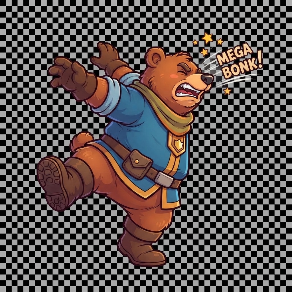 Image: Same brown bear adventurer as reference. HURT reco