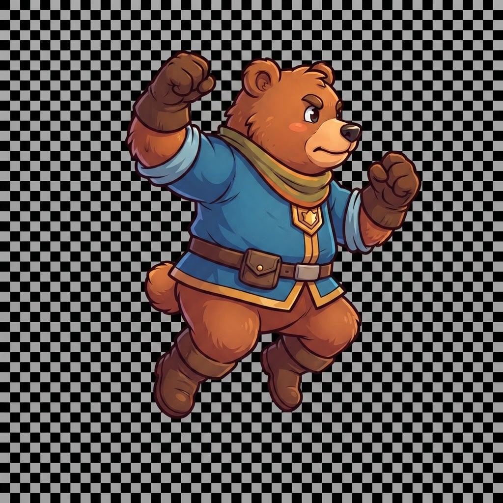 Image: Same brown bear adventurer as reference. JUMP mid-
