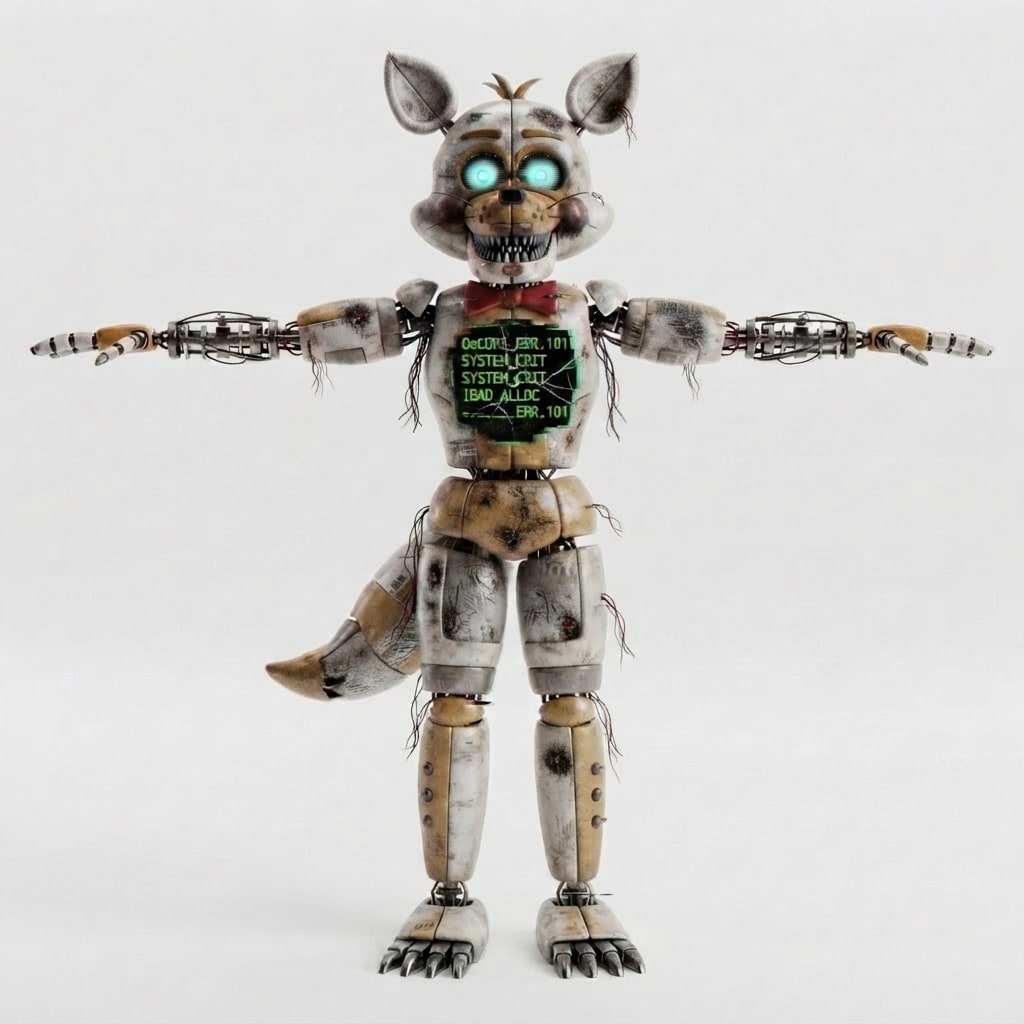 Image: Same corrupted animatronic fox character, same T-p