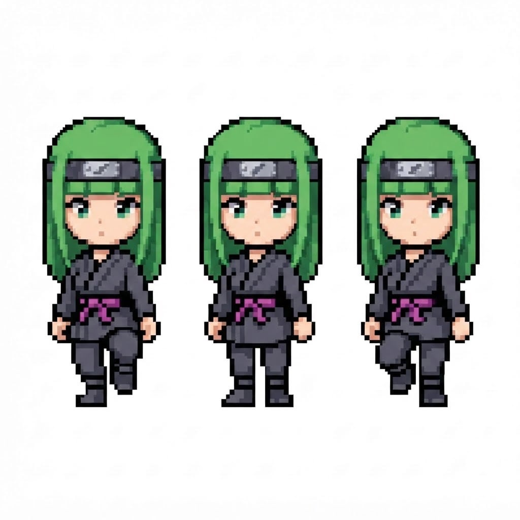 Image: Pixel-art walk-cycle row, 3 sprites, front view.