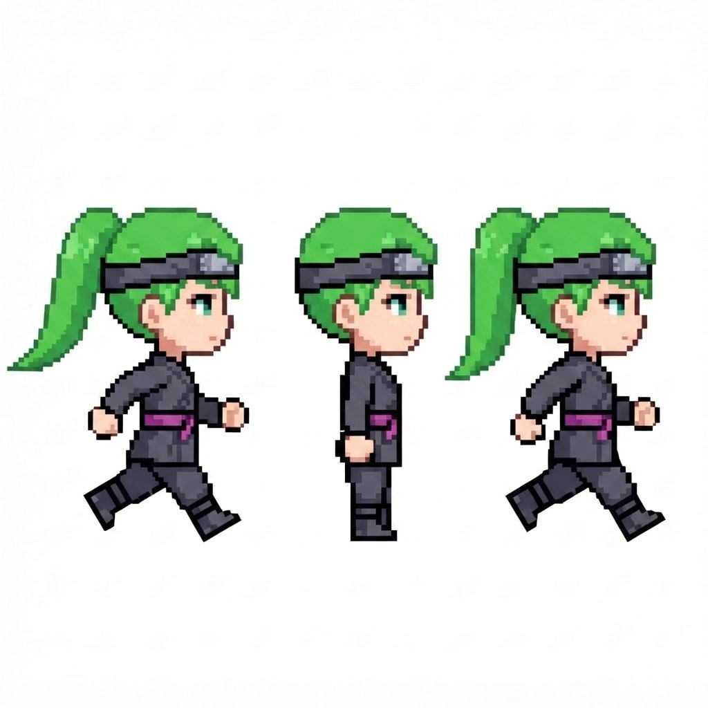 Image: Pixel-art sprite row of a chibi ninja GIRL in STRI