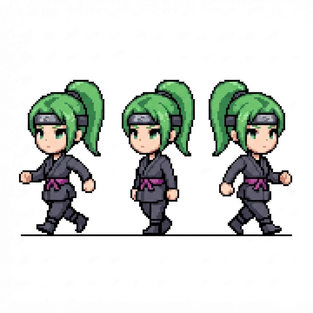 Image: Pixel-art walk-cycle sprite sheet ROW: exactly 3 s