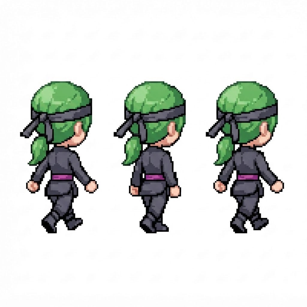 Image: Walk-cycle sprite sheet row seen FROM BEHIND: exac