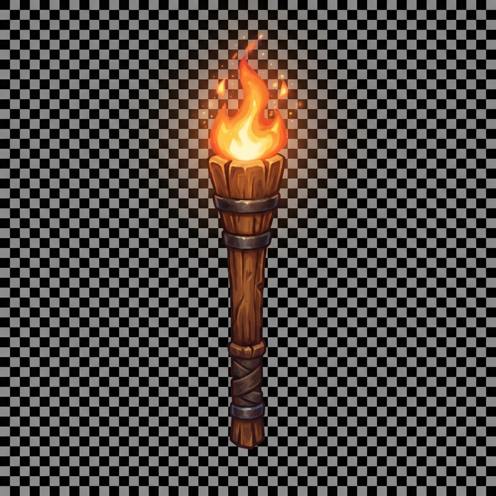 Image: Game prop sprite: wooden torch with warm orange fl