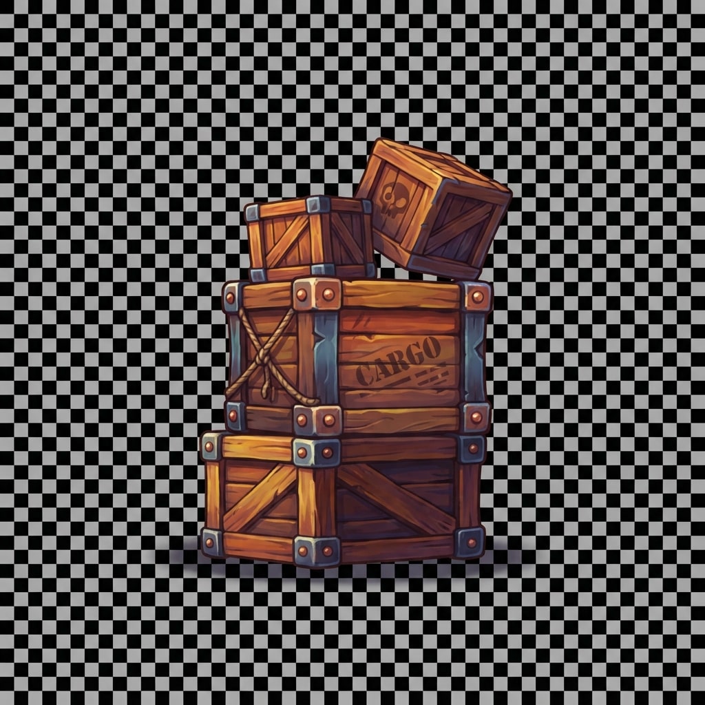 Image: Game prop sprite: small pile of wooden crates stac