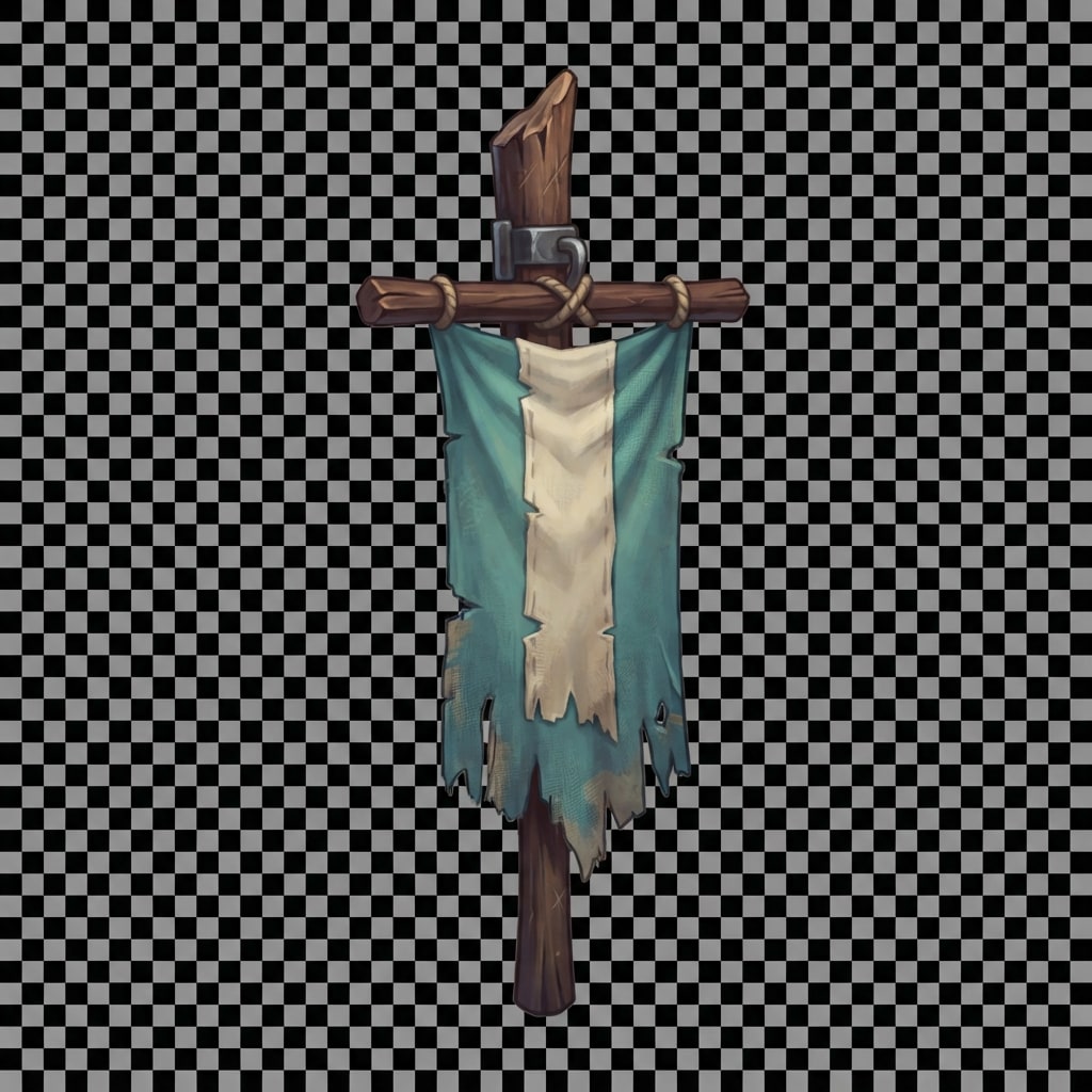 Image: Game prop sprite: tattered vertical cloth banner o