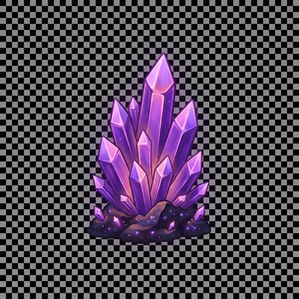 Image: Game prop sprite: glowing purple crystal cluster g