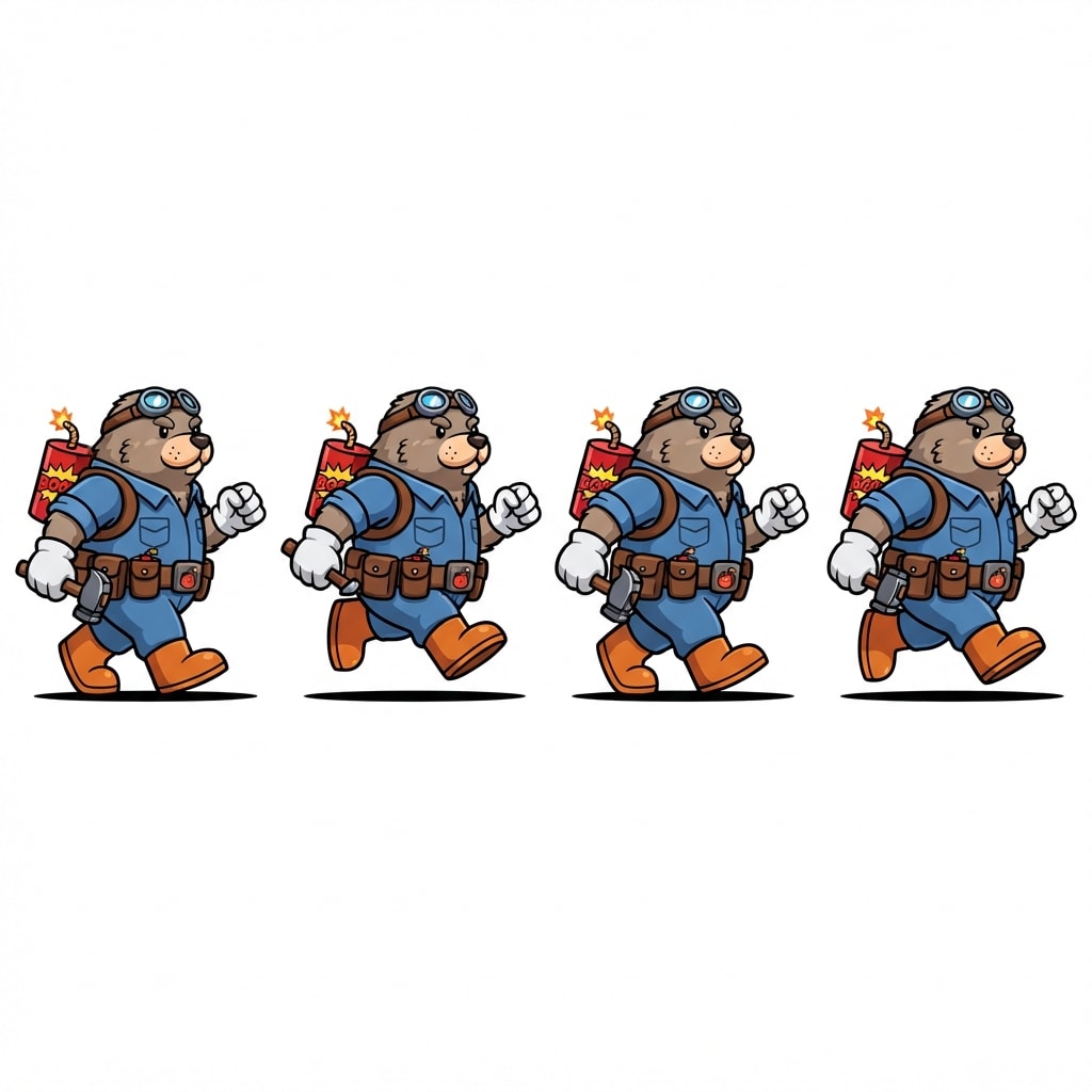 Image: Square 1024x1024 sprite sheet, EXACTLY 4 equal ver
