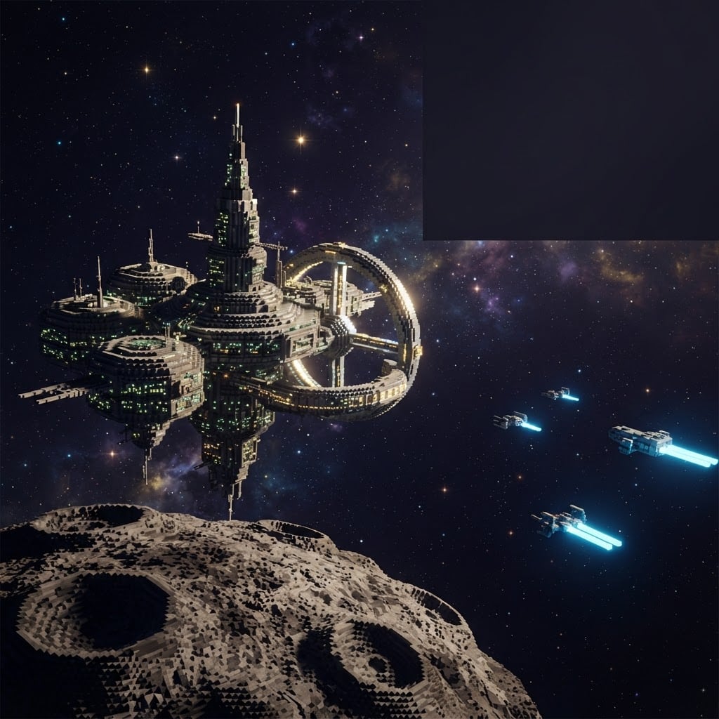 Image: Epic voxel/blocky sci-fi space scene, wide cinemat