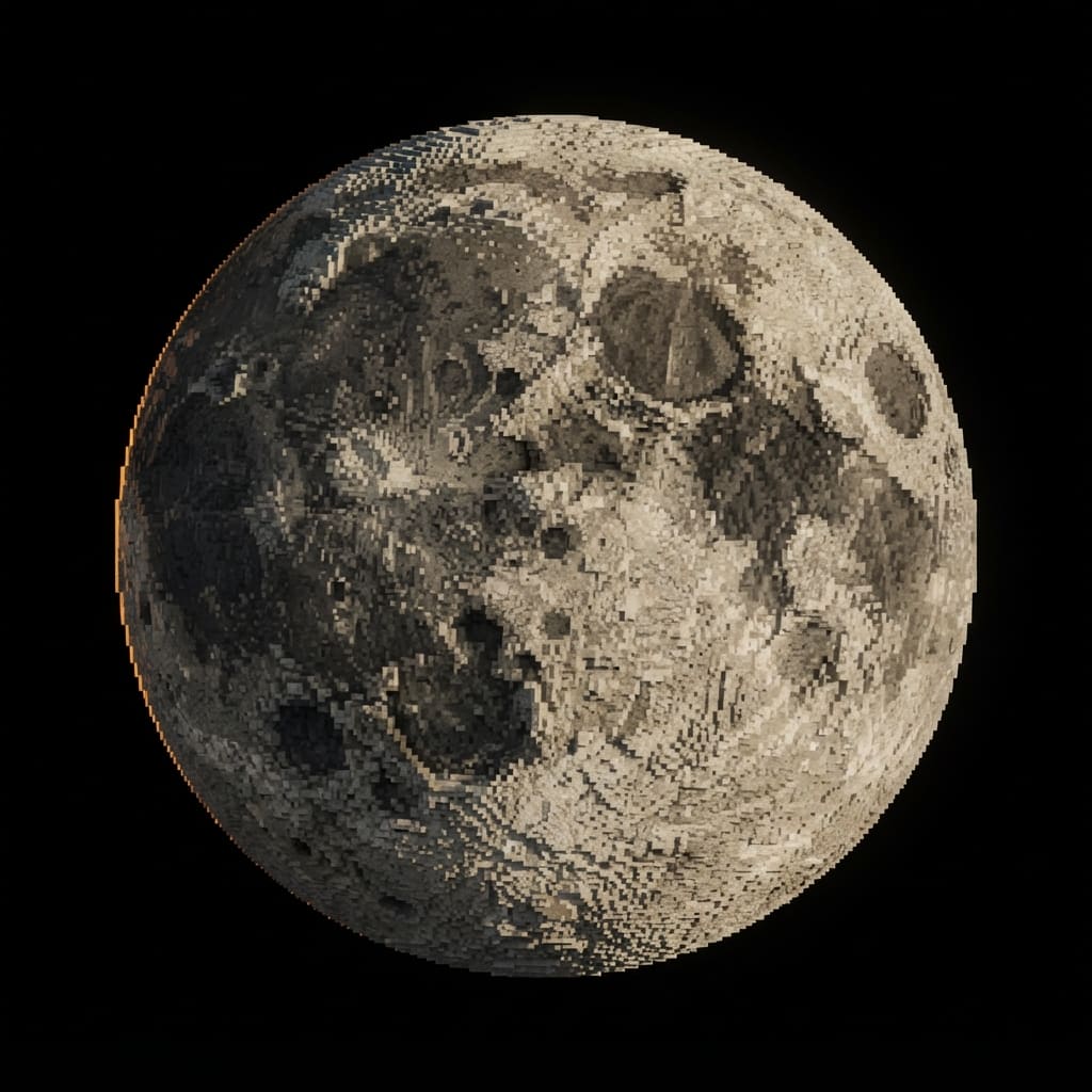 Image: A single large cratered moon sphere, built from Mi