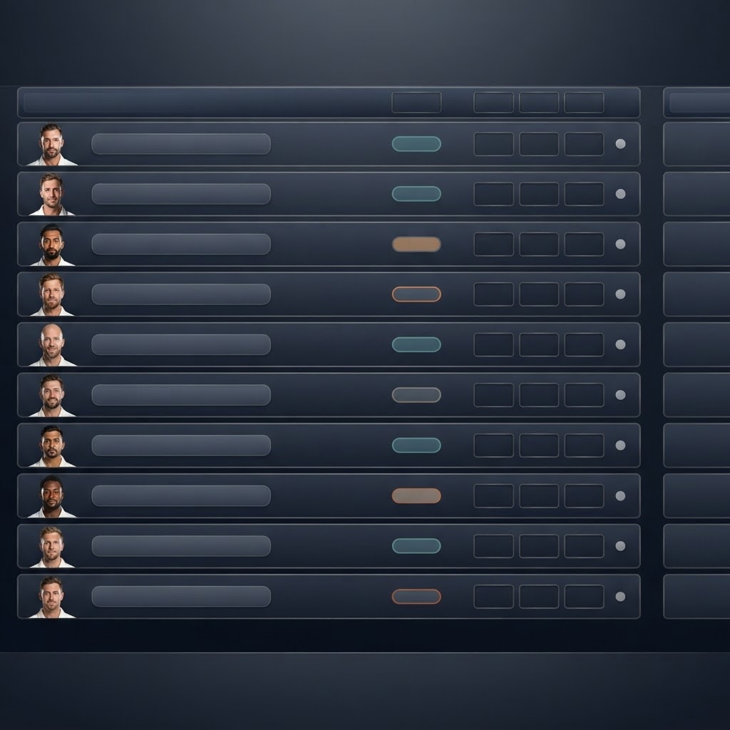 Image: A SQUAD OVERVIEW SCREEN for a fictional cricket ma