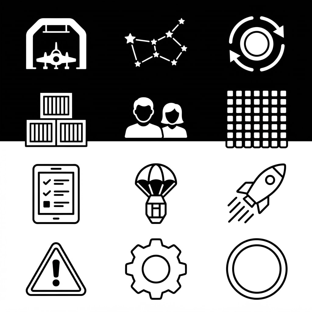 Image: A 4 by 3 grid of 12 simple bold sci-fi user interf