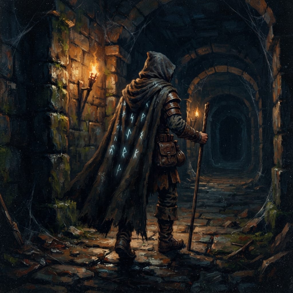 Image: A cloaked wanderer bearing faint glowing rune mark