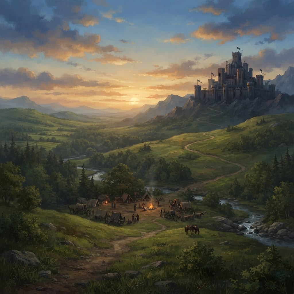 Image: Cinematic wide fantasy landscape key art for MMORP